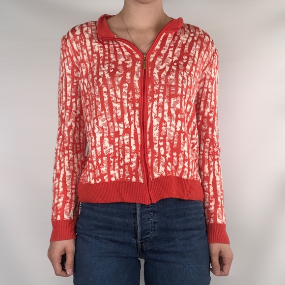 St. John Yellow Label Wool Blend Coral White Print Zip Up Cardigan Jacket Size M - Picture 1 of 8